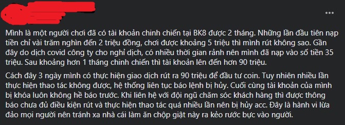 Nội dung phốt BK8 quỵt tiền 90 triệu