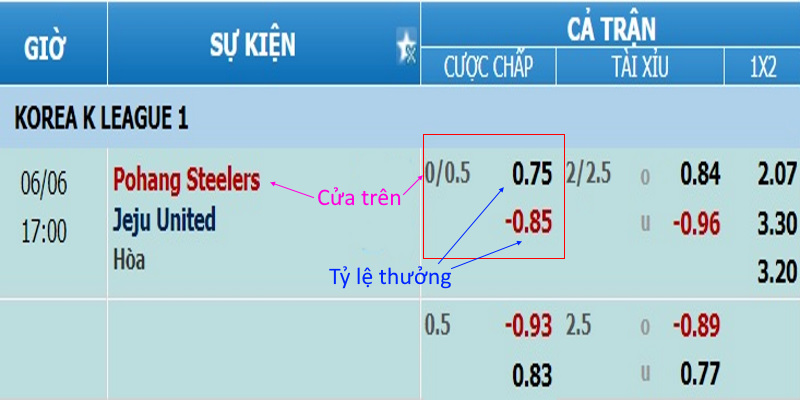 Ví dụ về cược handicap 0.25